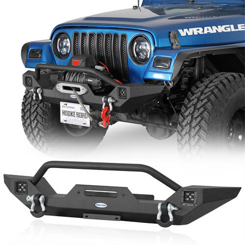 Aftermarket Front Bumper w/ Winch Plate & LED Spotlights For 1997-2006 Jeep Wrangler TJ - Ultralisk4x4-u10121s-1