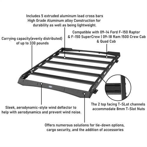 Aluminum Roof Rack For 2009-2018 Ford F-150 Raptor & F-150 Super Crew | Ram 1500  Crewcab & Quad Cab - Ultralisk4x4-u9909s-13