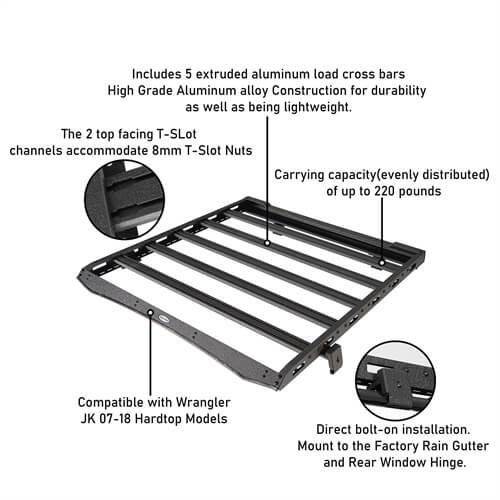 2007-2018 Jeep Wrangler JK Aluminum Roof Top Cargo Rack For Hard Top 2/4 Doors - Ultralisk4x4 ul2078 20