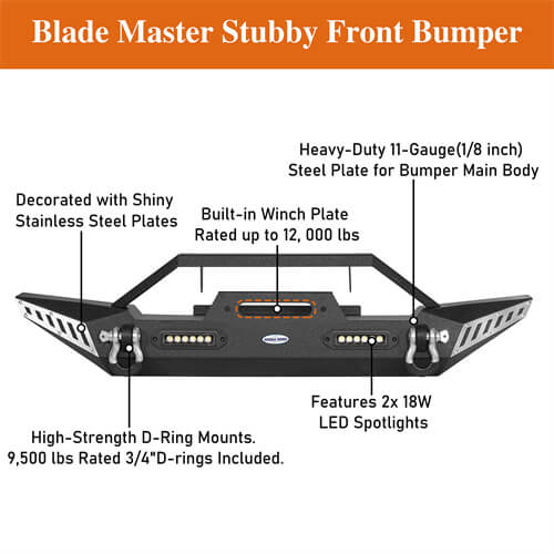 Blade Master Stubby Front Bumper w/Winch Plate & LED Accent Lights For 1987-2006 Jeep Wrangler TJ YJ - Ultralisk 4x4