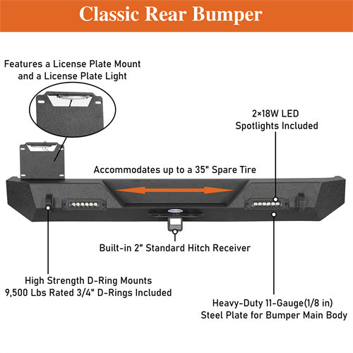 Car Bumper Rear Bumper w/ LED Lights For 1997-2006 Jeep Wrangler TJ - Ultralisk4x4 - u1009-10