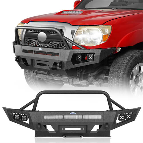 Earthshaker Front Bumper w/ Winch Plate & 4 LED Spot Lights For 2005-2011 Toyota Tacoma - Ultralisk4x4 -u4030s-1