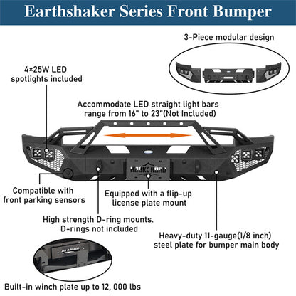 Earthshaker Series Front Bumper w/ Winch Plate & LED Spotlights For 2014-2015 Chevy Silverado 1500 - Ultralisk4x4