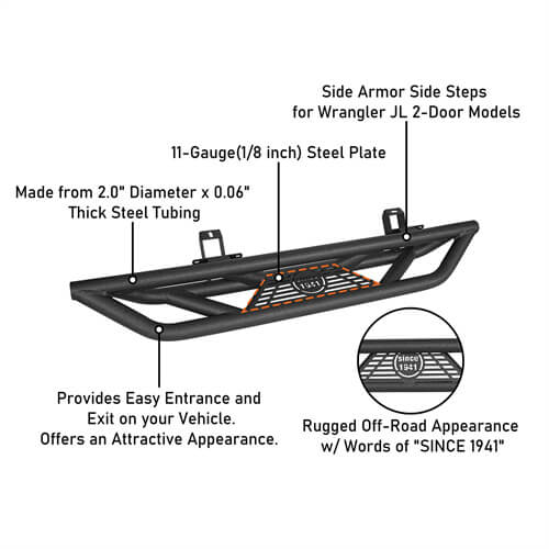 Tubular Side Armor Side Step Bars For 2018-2023 Jeep Wrangler JL - Ultralisk4x4 ul3050 15