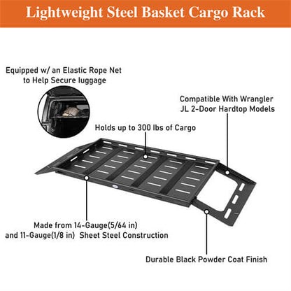 Lightweight Steel Basket Cargo Rack For 2018-2024 Jeep Wrangler JL 2-Door Hard Top- Ultralisk4x4-u3061s-12