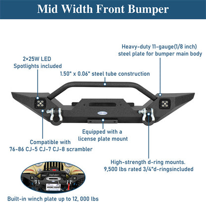 Mid Width Front Bumper For 1976-1983 Jeep CJ-5 CJ-7 CJ-8 Scrambler - u1081-8