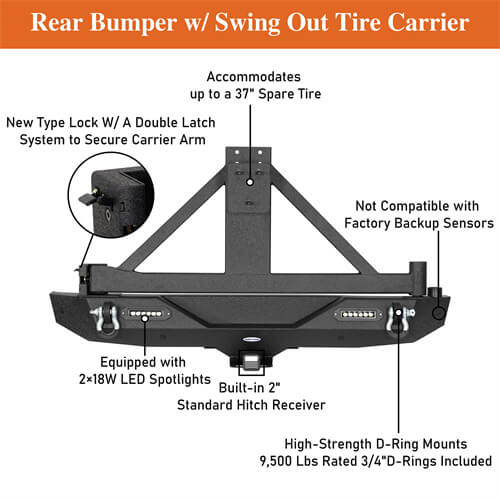 Off Road Rear Bumper w/Tire Carrier For 2018-2024 Jeep Wrangler JL - Ultralisk4x4-u3002s-10