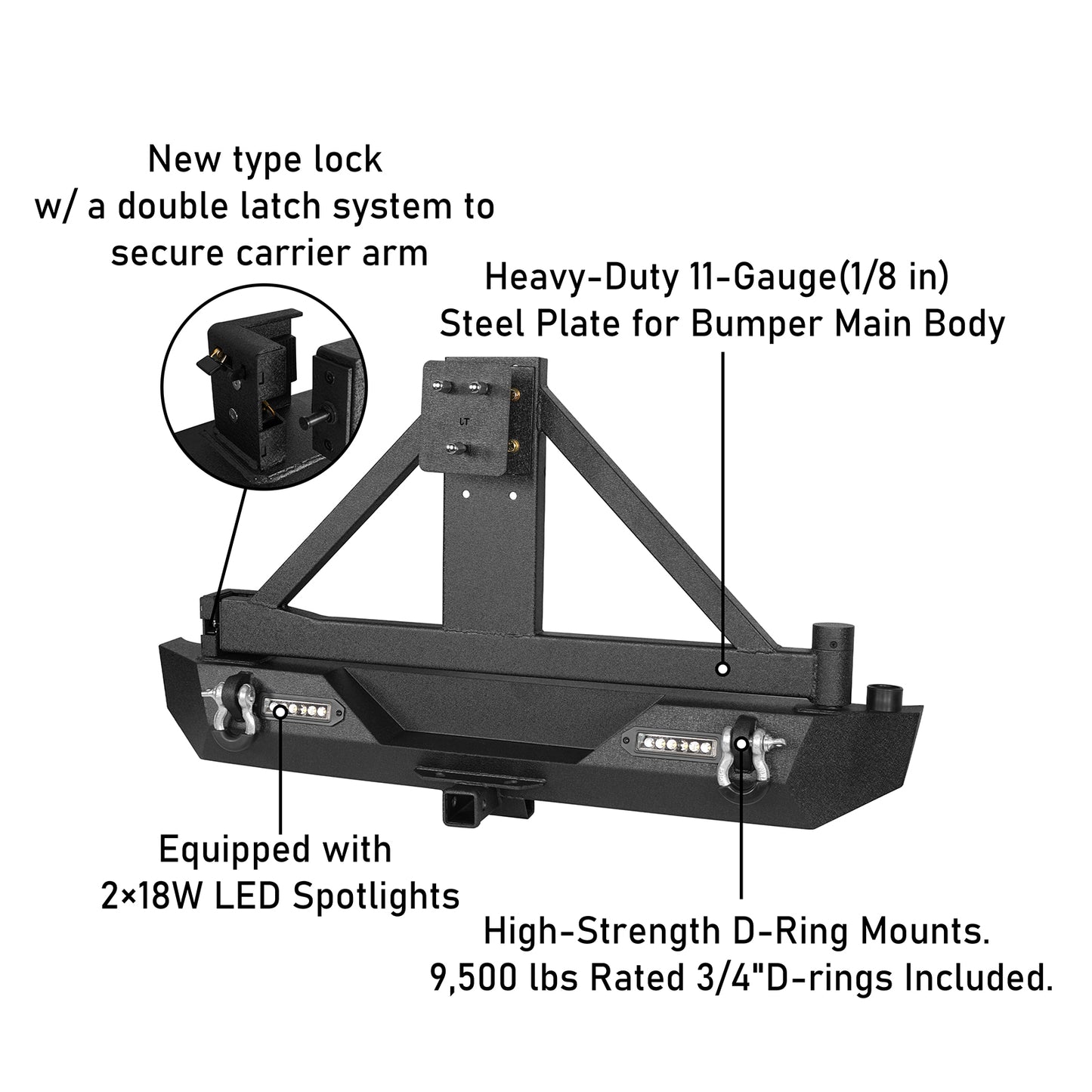 Explorer TJ Rear Bumper w/Tire Carrier & 2" Receiver Hitch for 1997-2006 Jeep Wrangler TJ Ultralisk 4x4 ULB.1010A+ULB.1010B  9