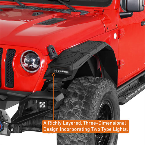 Road Trip Aluminum Front Fender Flares w/ LED Lights For 2018-2024 Jeep Wrangler JL & Gladiator JT - Ultralisk4x4-u3076s-6