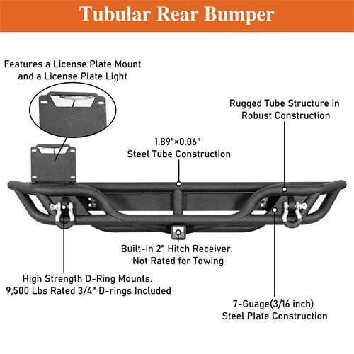 Road Trip Tubular Rear Bumper w/ License Plate Mount For 1997-2006 Jeep Wrangler TJ - Ultralisk4x4