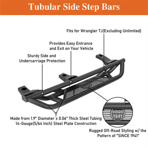 Road Trip Tubular Side Step Bars For 1997-2006 Jeep Wrangler TJ - Ultralisk4x4