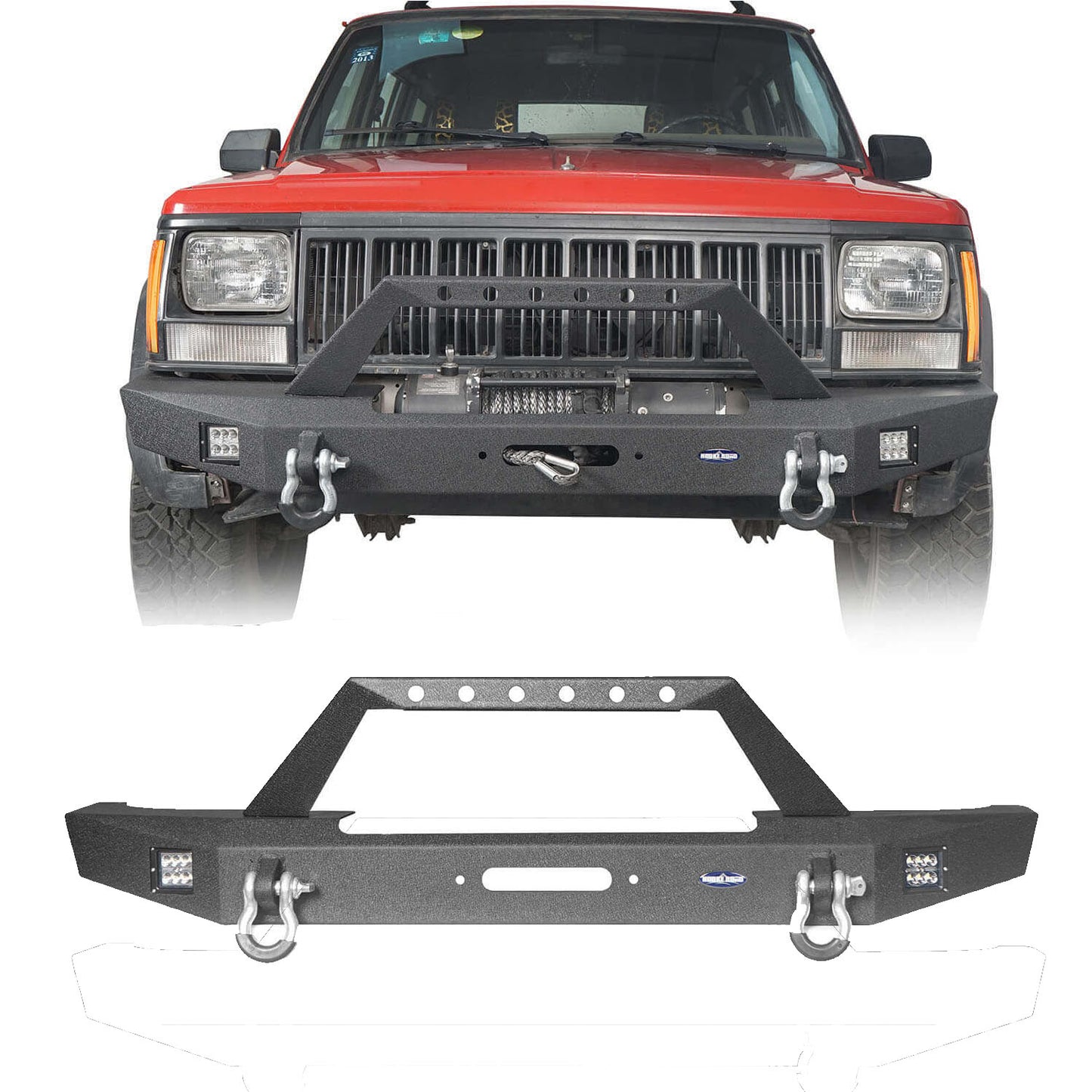 Full Width Front Bumper w/ Winch Plate & LED Spotlights for 1984-2001 Jeep Cherokee XJ 1