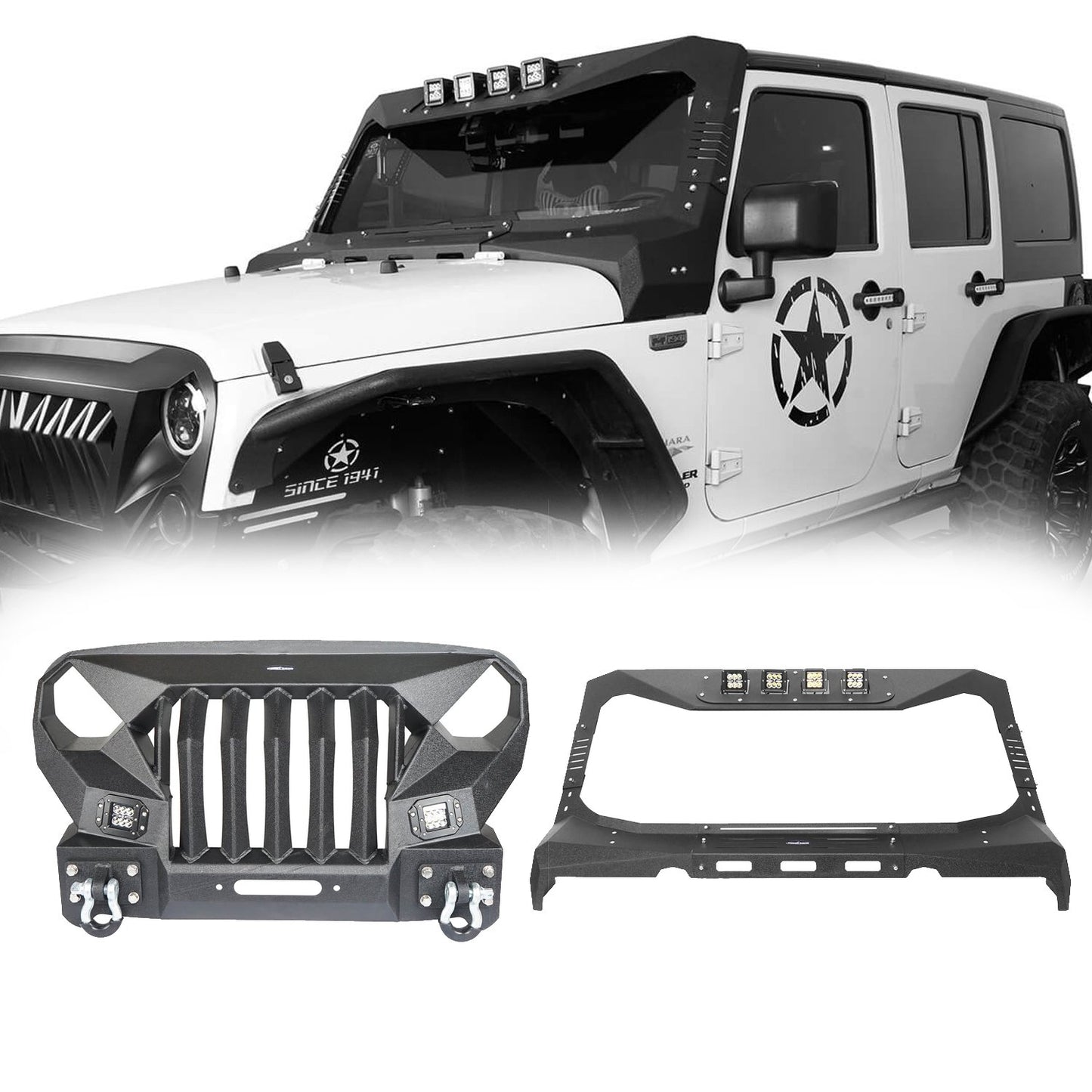 Mad Max Front Bumper w/Steel Grille Guard & Windshield Frame Cover(07-18 Jeep Wrangler JK) - ultralisk4x4